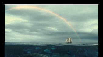 Ocean clouds monsters boats rainbows creatures skies sea wallpaper