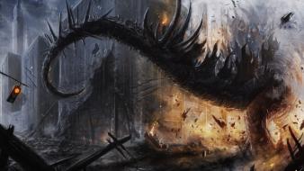 Paintings ruins fire dinosaurs fantasy art post apocalyptic wallpaper
