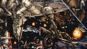 Futuristic planets spaceships battles science fiction artwork wallpaper