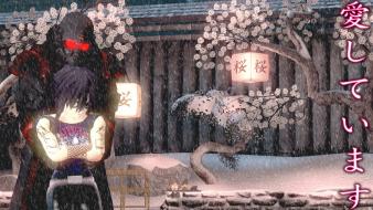 Cherry blossoms digital art lanterns oriental snow wallpaper