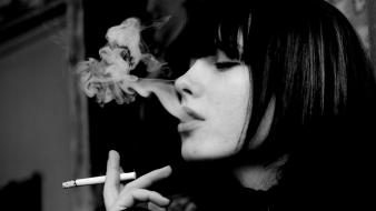 Black and white brunettes cigarettes monochrome short hair wallpaper