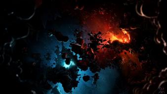 Blue outer space red stars planets digital art