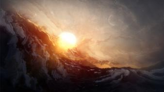 Sunset paintings sun stars moon artwork wallpaper