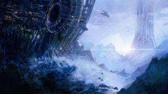 Landscapes futuristic spaceships science fiction artwork