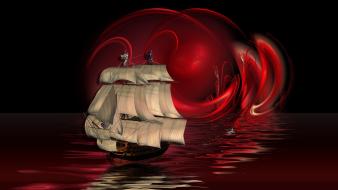 Sunset red ships digital art artwork sails wallpaper