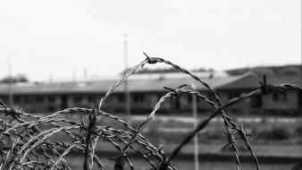 Urban exploration barbed wire grayscale trains wallpaper