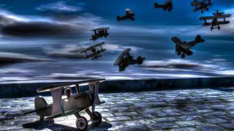 Aircraft surreal hdr photography 3d skies wooden toys wallpaper