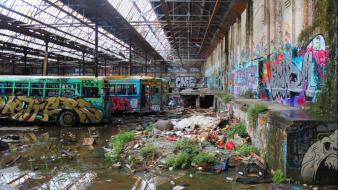 Abandoned bus cityscapes factories urban wallpaper