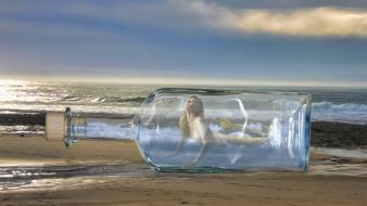 Beaches blondes bottled bottles digital art wallpaper