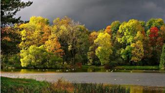 Dark clouds forests lakes landscapes nature wallpaper