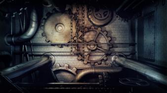 Pipeline digital art gears mechanism steampunk wallpaper