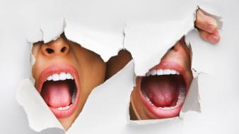 Fingers teeth faces ripped shout white background wallpaper