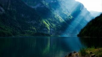 Lakes landscapes mountains sunlight sunray wallpaper