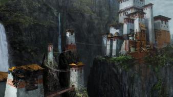 Castles cliffs fantasy art wallpaper