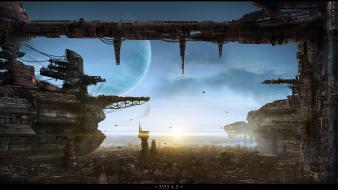 Artistic cityscapes futuristic planets science fiction wallpaper