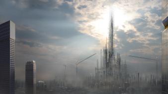 Artwork buildings construction fog futuristic wallpaper