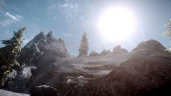 Scrolls v: skyrim nature snow sunlight trees wallpaper