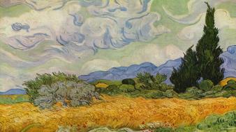 Gogh wheat field with cypresses artwork paintings wallpaper