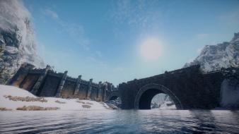 V: skyrim bridges snow video games water wallpaper