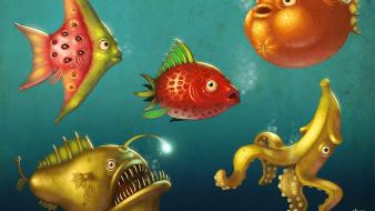 Blowfish angelfish anglerfish artwork bananas wallpaper