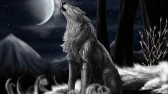 Moon artwork night snow wolves wallpaper