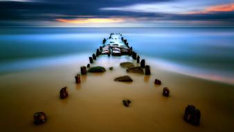 Beaches blue clouds dock long exposure wallpaper