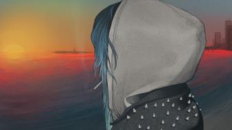 Blue hair cigarettes drawings hoodies sunset wallpaper