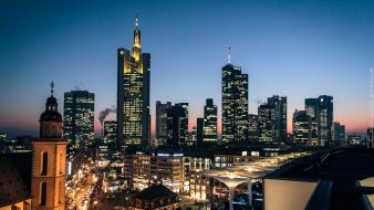 Cityscapes skylines night buildings dusk frankfurt wallpaper