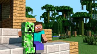 Minecraft steve creeper houses jungle wallpaper