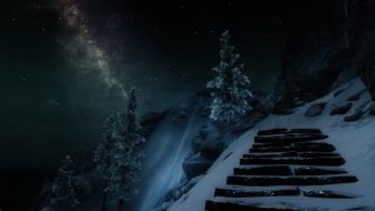 Scrolls v skyrim mountains night paths snow wallpaper