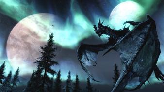 V skyrim dragons fantasy art moons nature wallpaper