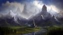 Digital art fantasy mountains streams valleys wallpaper