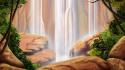 Paintings rocks plants waterfalls wallpaper