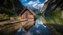 Cabin lakes landscapes mountains nature wallpaper