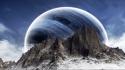 Fantasy art mountains outer space planets wallpaper