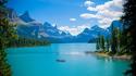 Canada maligne lake canoe clouds forests wallpaper