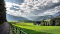 Clouds fences forests grass land wallpaper