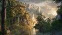 Abstract castle fantasy art forests mountains wallpaper