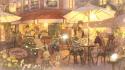Chairs cafe bears anime boys umbrellas girls wallpaper