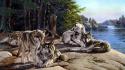 Paintings artwork lakes sunbathing wolves wallpaper