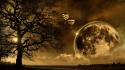 Moon hot air balloons planets sepia trees wallpaper