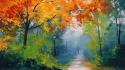 Autumn bushes lamp posts paint paintings wallpaper