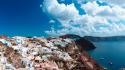 Greece santorini clouds houses rocks wallpaper