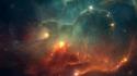 Blue clouds outer space red stars digital art wallpaper