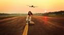 Women sunset landscapes aircraft roads take off runway wallpaper