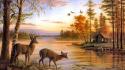 Nature forest birds deer artwork cabin lakes wallpaper
