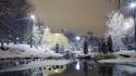 Snow cityscapes city lights lakes reflections night wallpaper