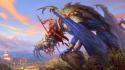 Armor blue dragon artwork spears skyscapes hero wallpaper