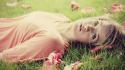 Blue leaves grass lips lying down faces wallpaper