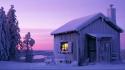 Winter snow trees sweden moonlight cabin wallpaper